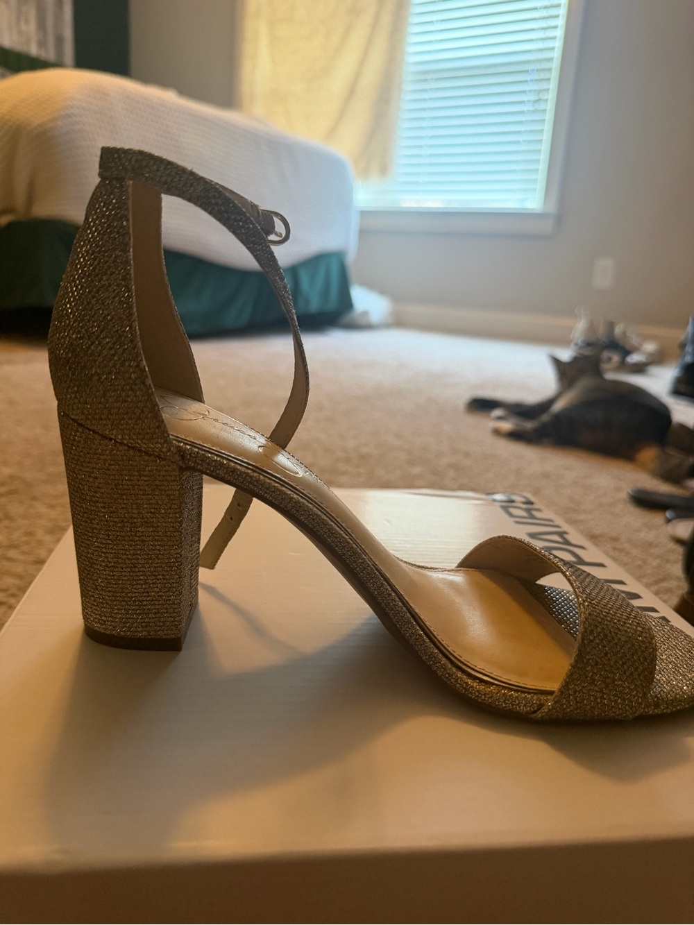 Jessica Simpson Gold Glitter Block Heel Sandals with Ankle Strap